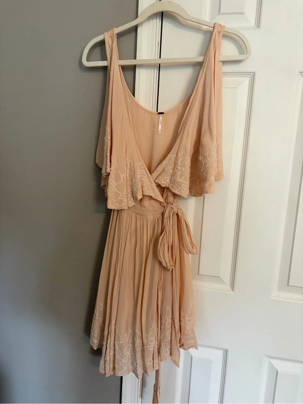 Free People Beaded Cold-Shoulder Wrap Mini Dress Blush / Peach